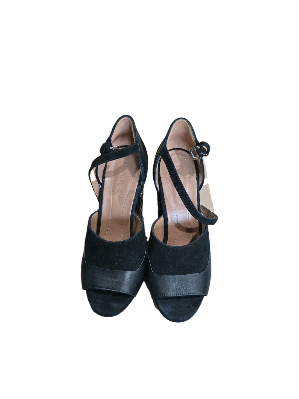 Marni Black Suede & Leather Ankle-Strap Block Heel Sandal with Embellished Heel - Picture 4 of 4